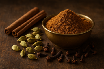 a small brass bowl of garam masala surrounded by whole spices (cinnamon, cardamom, cloves) on a rustic wooden table.